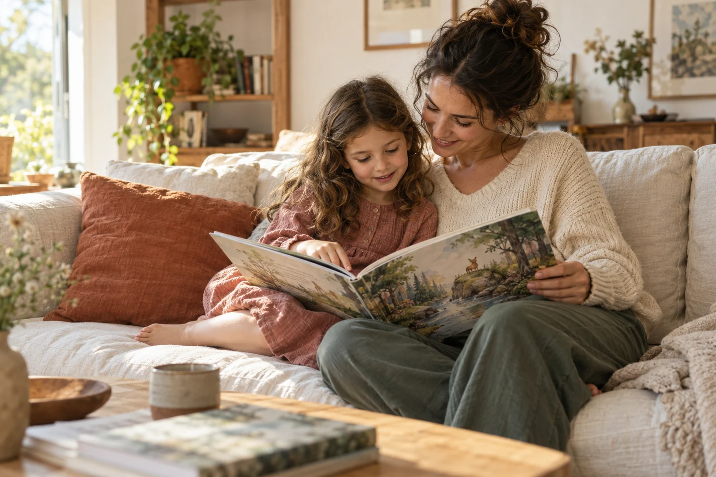 Un parent et son enfant découvrent un livre illustré sur le canapé.